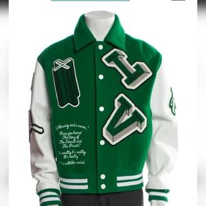 AuthenticLouis Vuitton 2021 Collection Green and White Wool Varsity Jacket SZ 38
